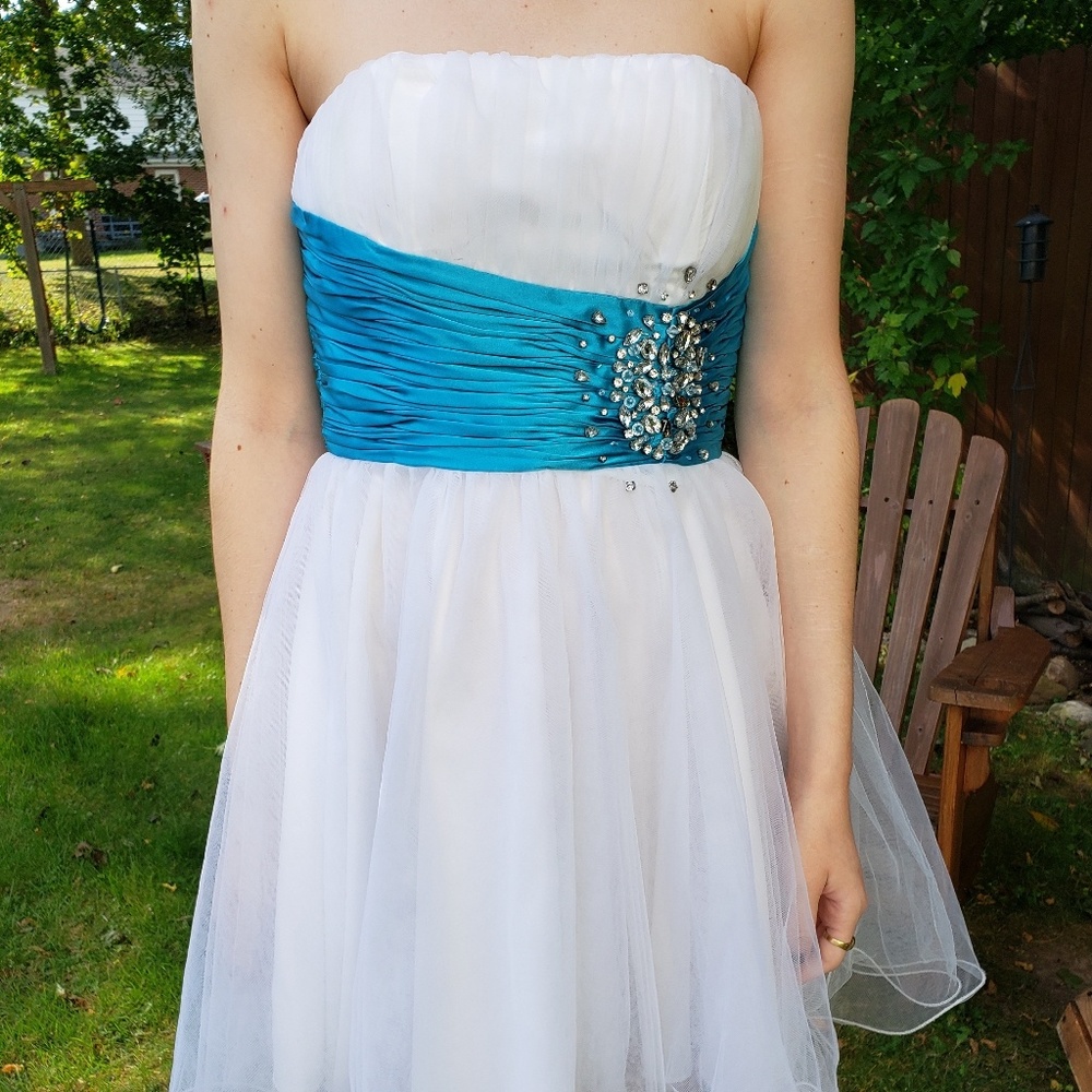 Stunning White & Blue Sash Homecoming/Prom Dress